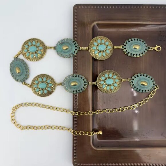 Vintage Bohemian Turquoise Stone Medallion Link Belt – Adjustable - Picture 2 of 7